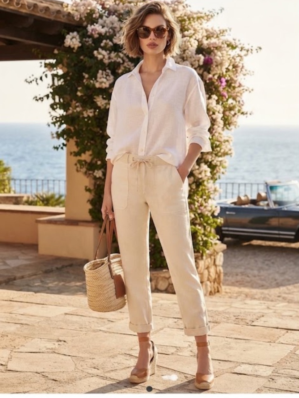 Vintage Ann Taylor Loft linen drawstring button roll up cream pants